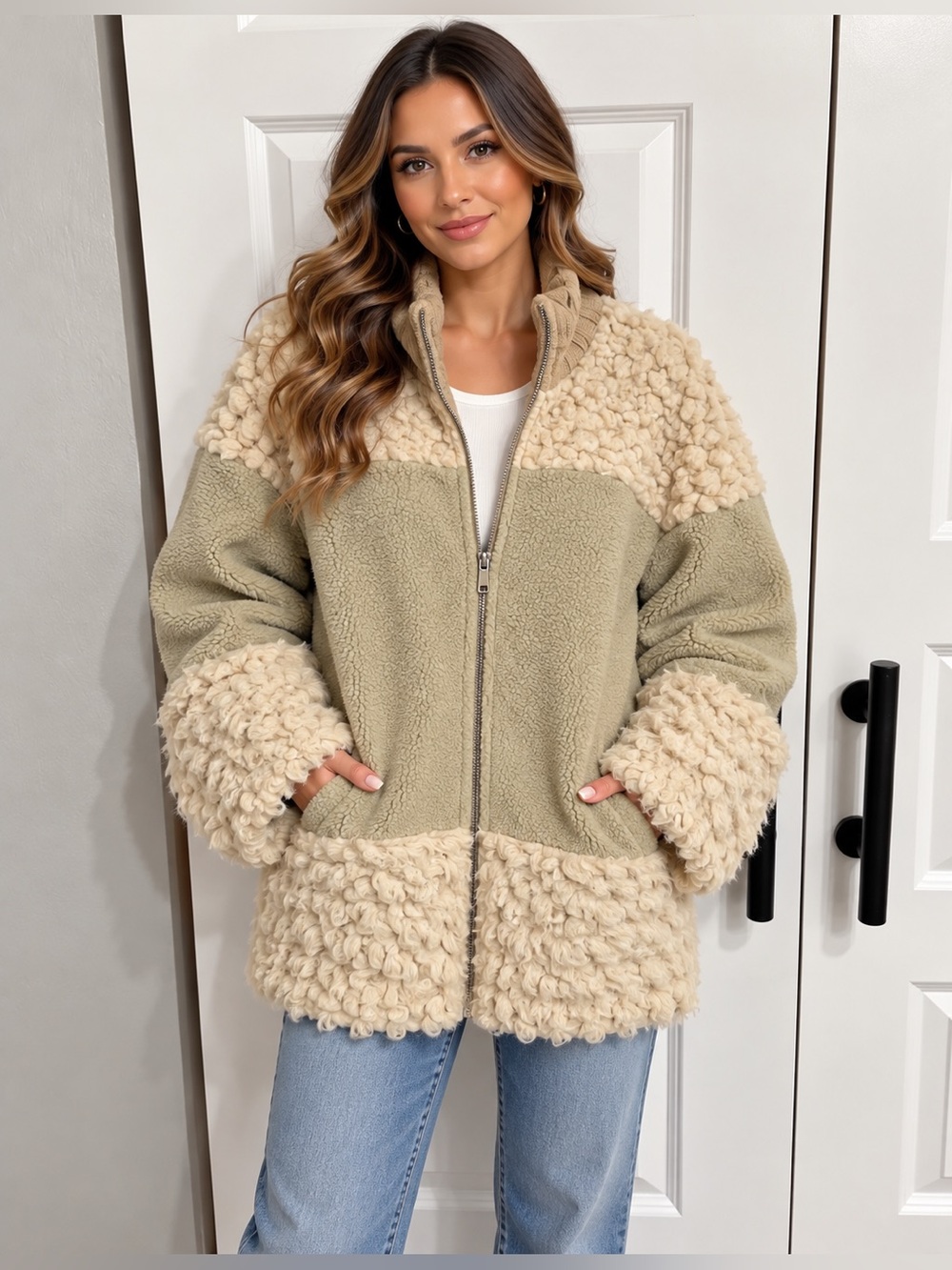 Something Navy Faux Shearling Coat Ivory Size Small